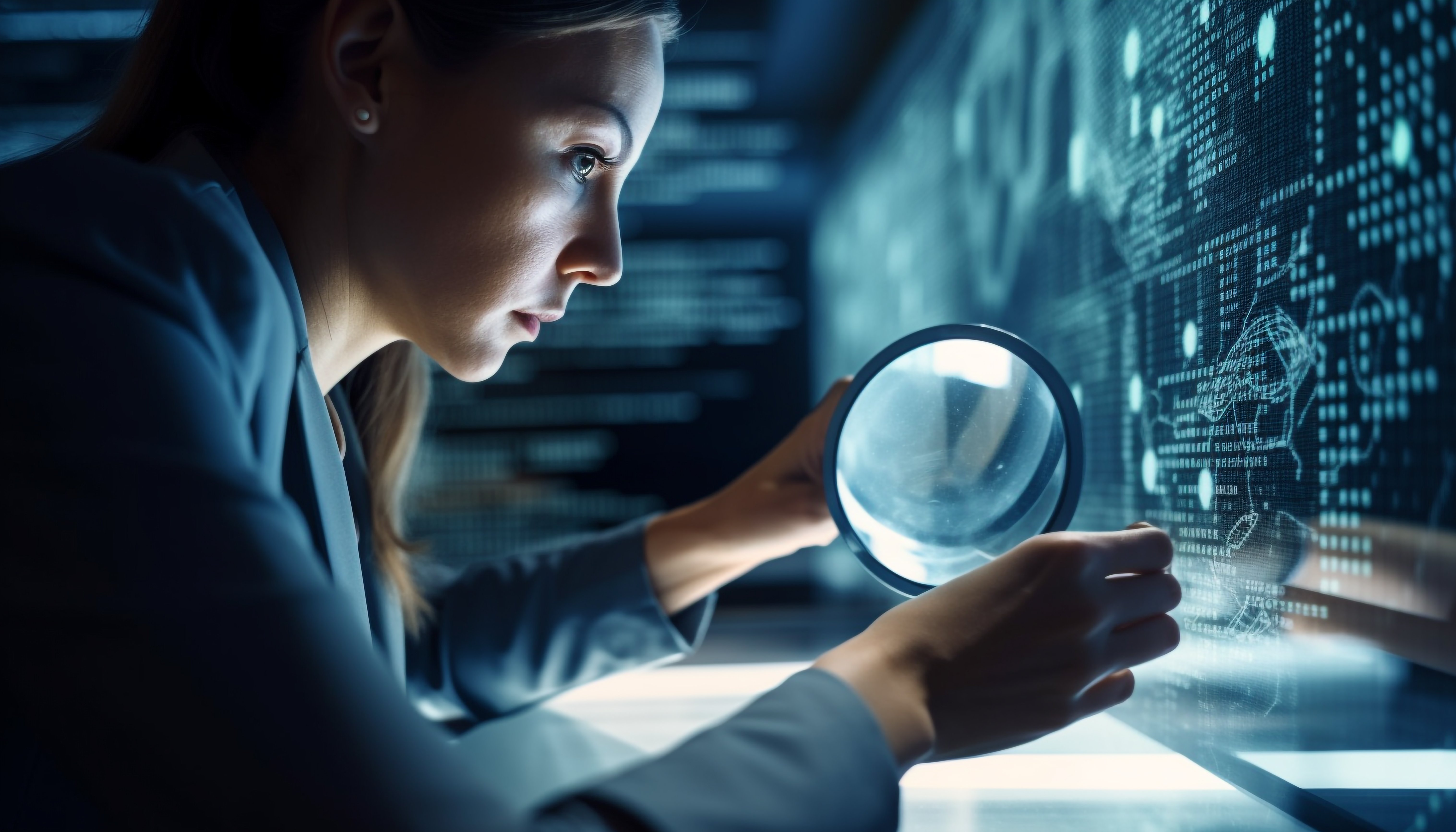 young-businesswoman-searches-data-with-magnifying-glass-generated-by-ai